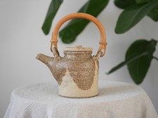 Vintage Studio Pottery Stoneware Teapot With Cane Handle, Speckled Glaze