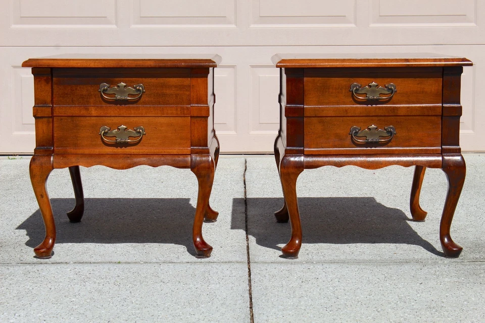 Vintage Mersman Queen Anne Style Solid Cherry End Tables with Drawer - Set of 2 - Image 4 of 4