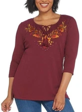 Quacker Factory Size 1X Wine 3/4-Sleeve Embroidered Knit Top with Front Tassels