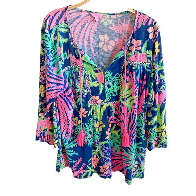 Lilly Pulitzer Tilda Tunic Top Womens XL Blue Multi All A Glow 3/4 Sleeve Beac