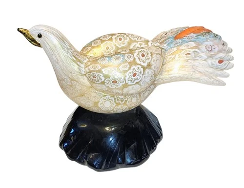Huge, Heavy, Flawless, 11" Long Murano Style Millefiori Glass Bird Hand Painted