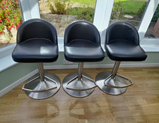 Set of 3 Dark Brown Leather Swivel Bar Stools, Brushed Steel Base