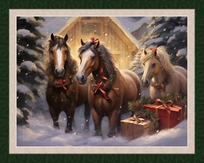 Holiday Horses Christmas Winter Quilt Top Wall Hanging Panel Fabric Snow