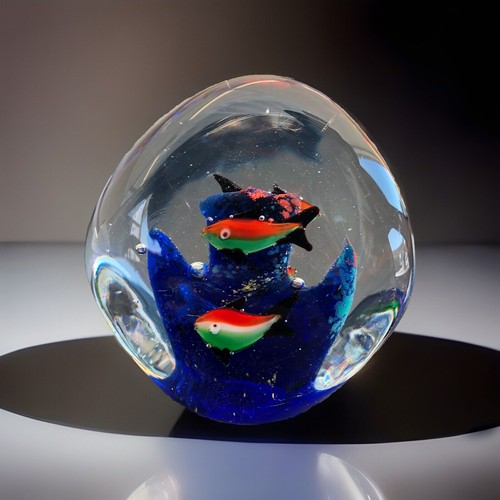 Murano Style Art Glass Paperweight Fish Aquarium Tropical Reef & Bubbles 3”x3” - Picture 2 of 8