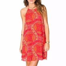 Show Me Your Mumu Katy Paisley Halter Tie Neck Swing Dress in Red & Pink XS