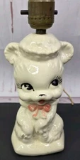 1940s-1950s Ceramic Nursery Lamp Little Bear Pink Bow Tie Needs Rewired