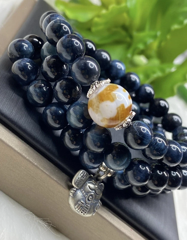 Ojo de Águila Azul Piedra Llamante 8MM Cadena Pulsera Mezcla Dijes Gato de la Suerte Tailandés, L 52CM Foto 2 de 4