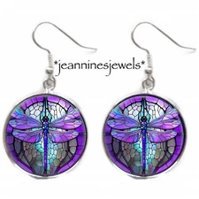 Purple Dragonfly Earrings Violet Boho Bohemian Art Nouveau Silver Charm Dangle