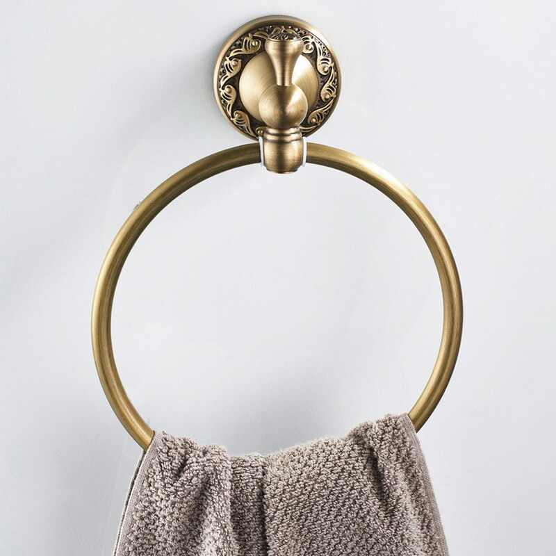 Antique Brass Round Bathroom Towel Ring Towel Rack Holder Flower Carved