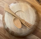 VTG Large 14” Wooden Salad Bowl Round Utensil 3pc Set Unique Wood Grain 1980 EUC — photo 5
