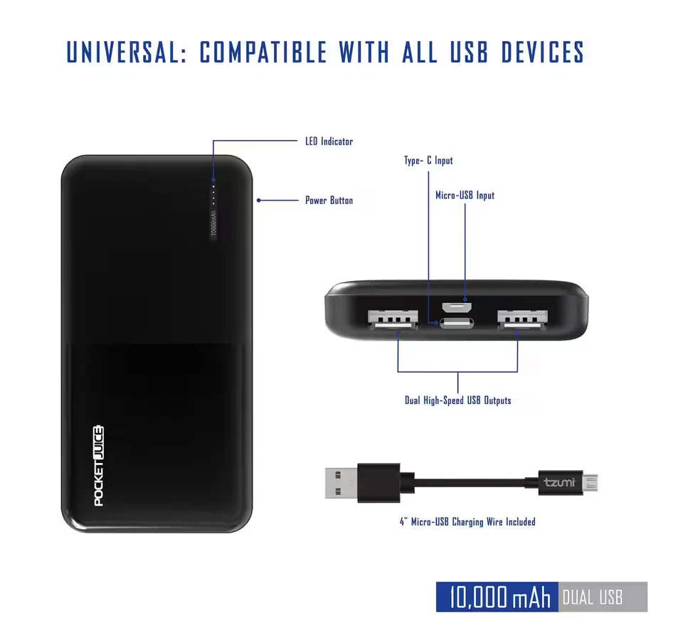 New: TPocket Juice 10,000 mAh Slim Pro Portable Power Bank Phone Charger - Image 3 of 4