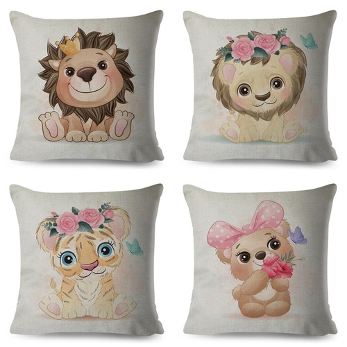 Cute Cartoon Animal Cushion Cover Decor Giraffe Cow Lion Elephant Print Pillow - Picture 6 of 45