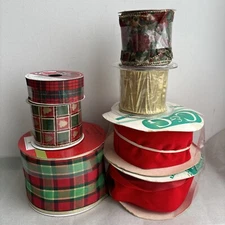 Vintage Lot Of 7 Holiday Christmas Ribbon Trim Wired Velvet Plaid Wide Rolls