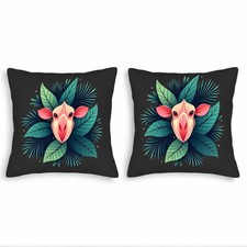 Set of 2 Decorative Throw Pillow Covers 18x18in-Whimsical Pink Bird Green Leaves