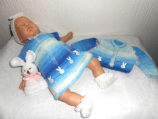 Hand knitted Blue*Bunny* Dress set.Premie..Newborn Baby girl/reborn 16-18 *NEW*