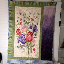 Handmade Quilted Floral Wall Hanging Tulips Quilt Purple Green Blue-33  x 44  