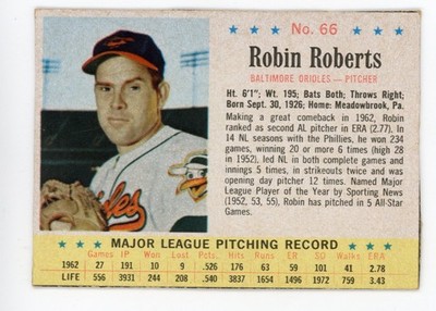 1963 POST SET BREAK #66 ROBIN ROBERTS-6--ORIOLES