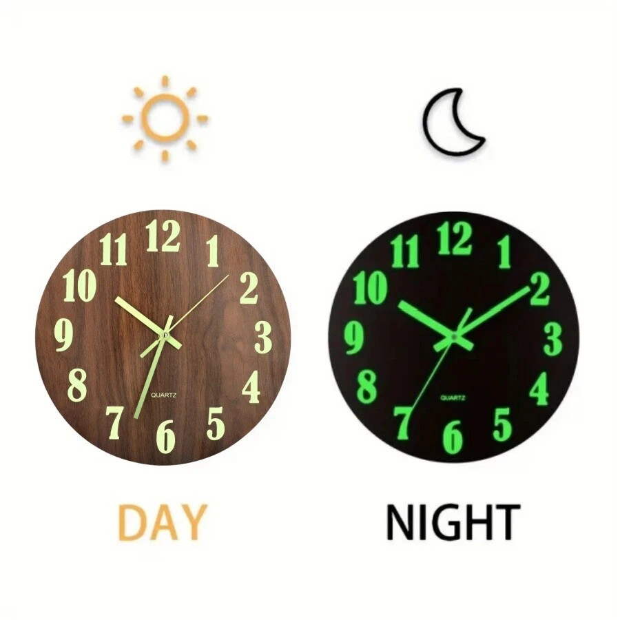 12'' Wall Clock Large Luminous Quartz Night Light Glow In The Dark Silent Home