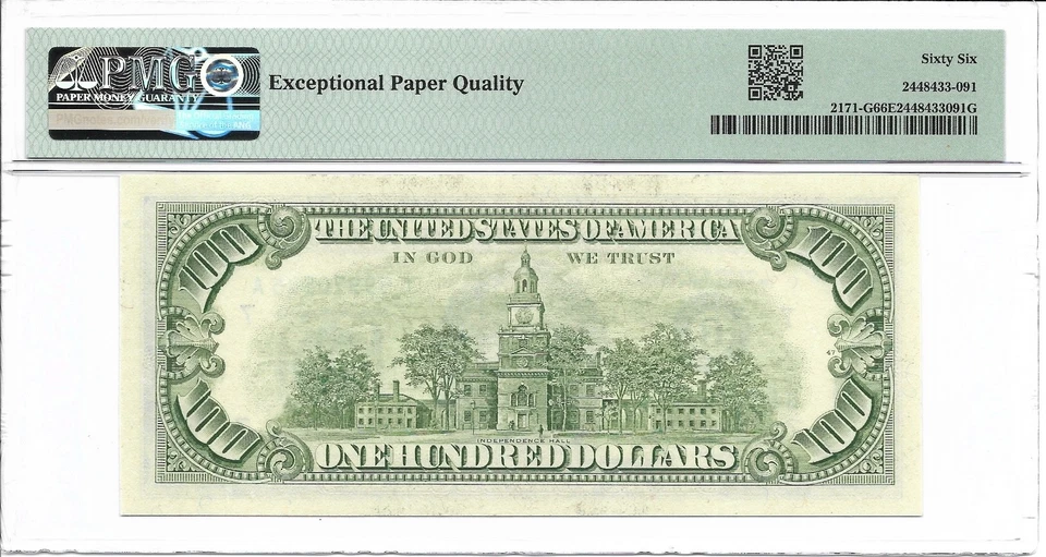 1985 $100 CHICAGO FRN. PMG GEM Uncirculated 66 EPQ Banknote. 1st of 2 - Image 2 of 2