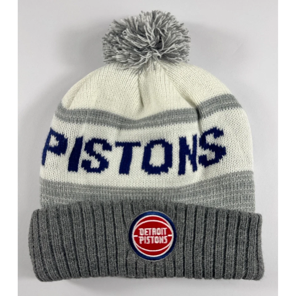 NBA Detroit Pistons Gorro Pom Tejido Blanco Gris Manzana Raro Baloncesto Oficial Foto 2 de 2