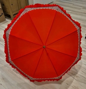 Rare vtg Red Ruffle Lindt Lindor Umbrella Maroon White Handle 35" Advertising