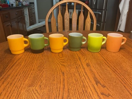 6 Vintage Anchor Hocking FIRE KING Stackable Coffee Cups Mugs