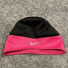 Nike Thermal Fleece Lined Running Skullcap Beanie Women Black Pink Ponytail hole