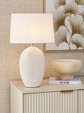 Wave Ceramic Table Lamp White Ribbed Base Linen Shade 56cm E14 New