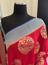 Red Banarasi Georgette Silk Saree Blue Khaddi Border Unstitched Blouse