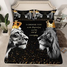 3D Lion Couple Bedding Set Full Size,Golden Glitter King and Queen Crown Fitt...