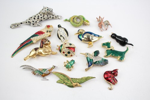Animal Brooches Dog Enamel Mixed Tone Humming Bird Stone Set x 15