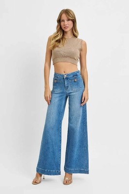 RISEN Mid Rise Wide Front Patch Pocket Denim Jeans