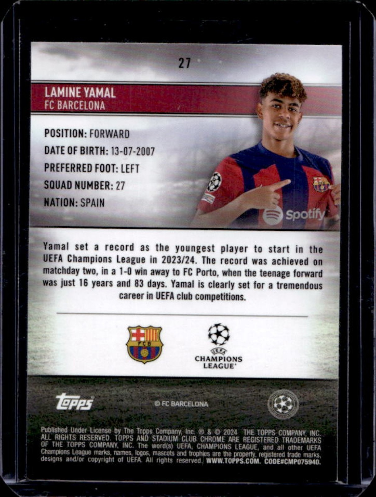 2023-24 Topps Stadium Club Chrome UEFA Lamine Yamal RC Rookie #27 Barcelona view 2