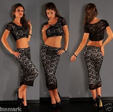 PARTY CROPPED TOP & SKIRT LACE BLACK SUIT 2 PIECES SET SIZE UK 12 LARGE / 413