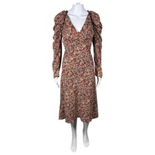ASTR The Label Women's Ruched Sleeve Floral V Midi Dress in Red Floral Sz S Glam