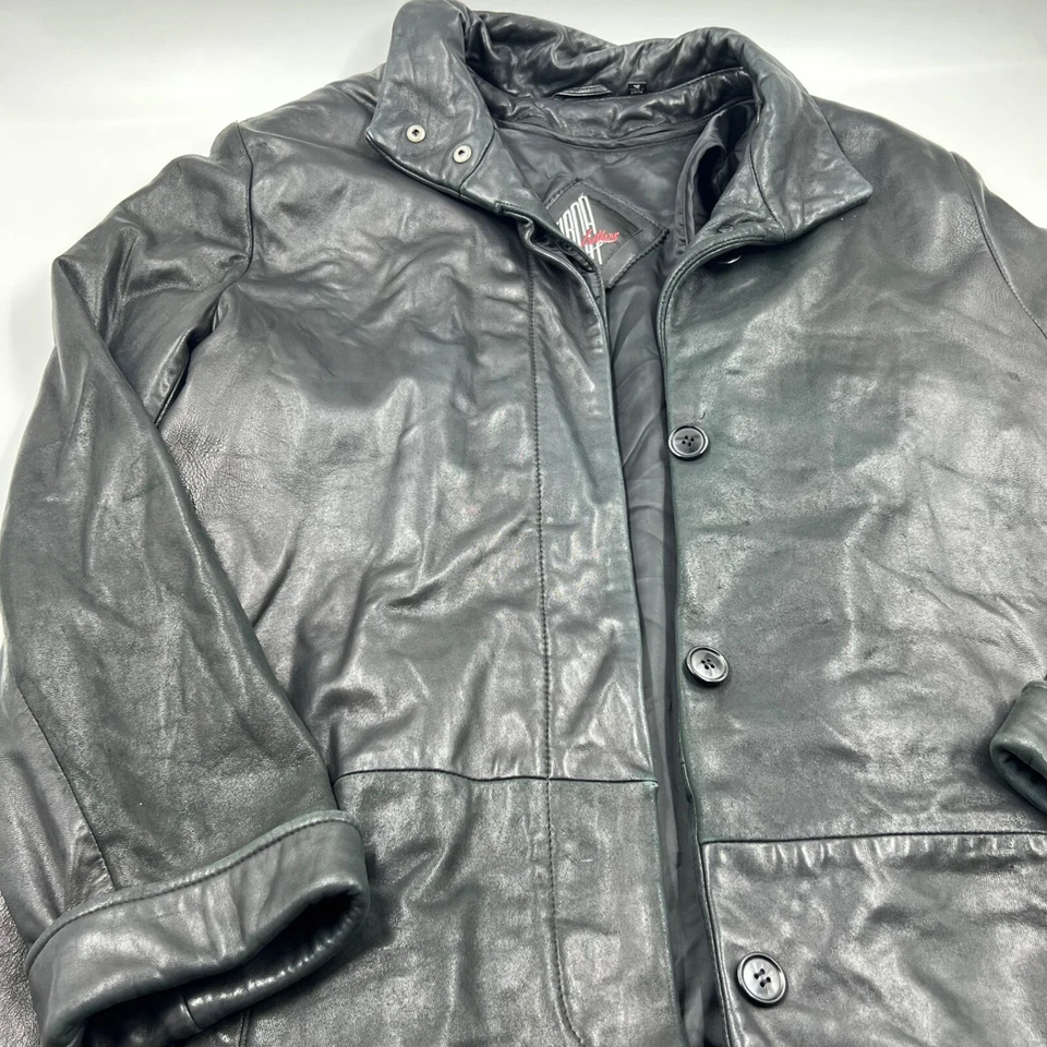 Tibor Womens Leather Jacket Size 10 Black Leather Vintage Button Long Lined - Image 2 of 4