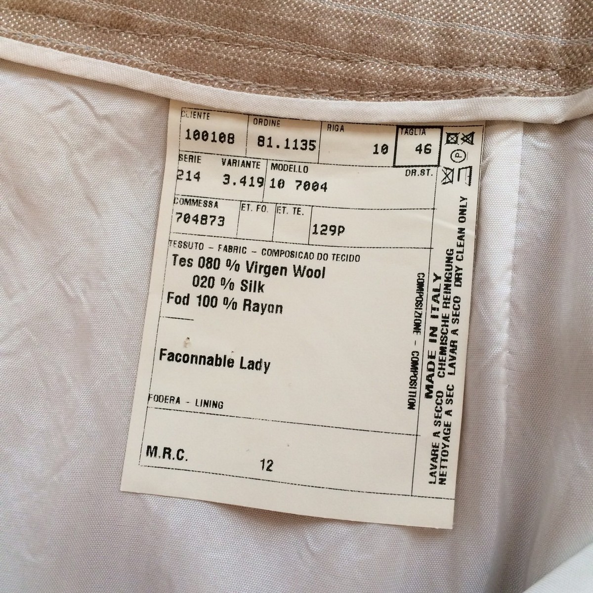 Pantalon Habillé Homme Façonnable - Taille 8 - Beige à Pin Stripes - Laine Et Soie - Italie