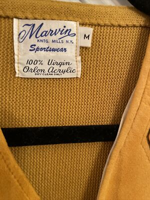 Vintage Sweater Gold Mustard Cardigan 1960s Men Medium Diamonds 