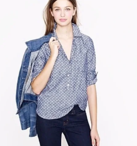 J. Crew Womens Blue Dot Chambray Lightweight Popover Top Blouse Size 6 - Picture 2 of 8