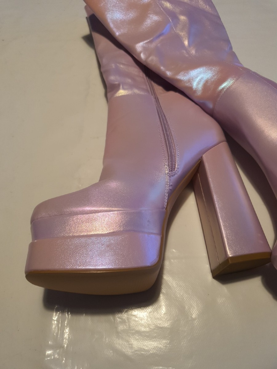Women's Uk7 Shein Platform Knee High Boots Metallic Pink UK