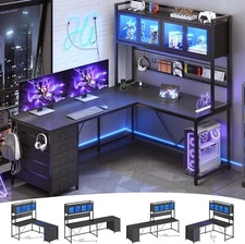 L Shaped Gaming Desk with Led Lights and Power Outlet, Gaming Desk with Pegboard
