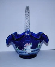 Fenton Basket Cobalt Blue Jolly Snowman Candy Cane Red White Striped Hat  LE 255