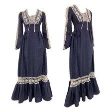 Vintage 1970s Gunne Sax Jessica McClintock Chambray Lace Cottagecore Dress Sz 5