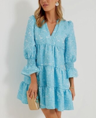 NWT Tuckernuck Pomander Place Blue Daisy Jacquard Kenzo Dress Ruffle Tiered XS