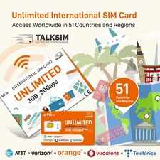 No Contract International Travel SIM - 3GB 30Days 4G LTE 51-Country Acc