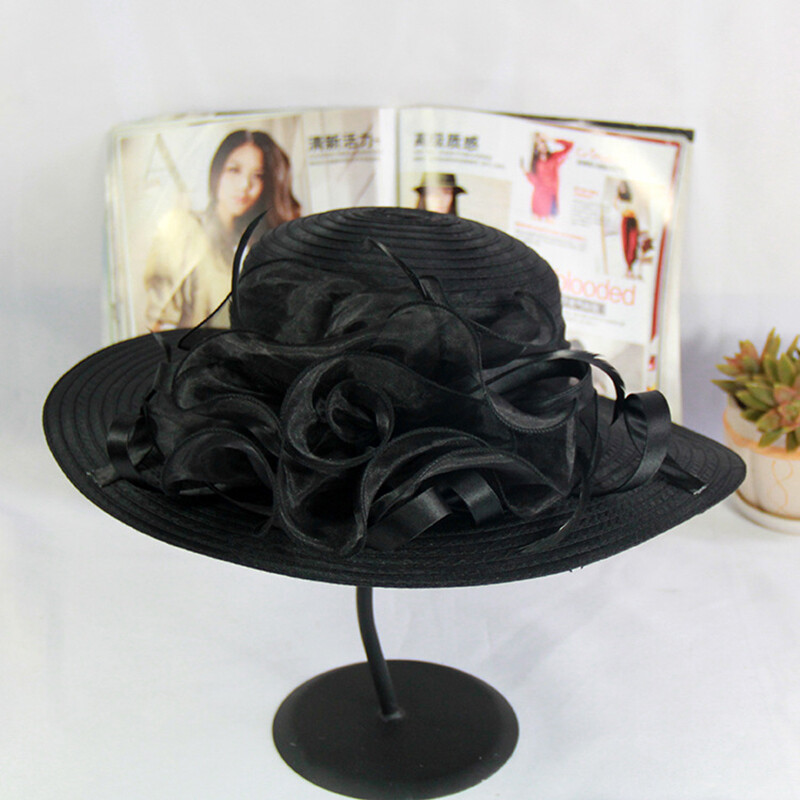 Women Organza Kentucky Sun-Hats - Wide-Brim Flower Church Hats Beach Derby Hat for Tea Party Wedding Bridal Dress