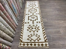 3x10 White Brown Handmade Turkish Runner, Vintage Herki Runner, Oushak Runner