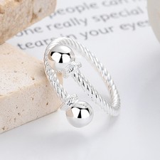 Solid 925 Sterling Silver Band Women Lucky 10mm Round Bead Twist Open Ring 3-4g