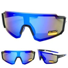 Oversize RETRO SPORTS WRAP AROUND Shield SUN GLASSES Large Black Frame Blue Lens