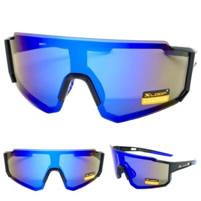Übergröße Retro SPORTS Umwickeln Shield Sonnenbrille Große Schwarze Rahmen Blau
